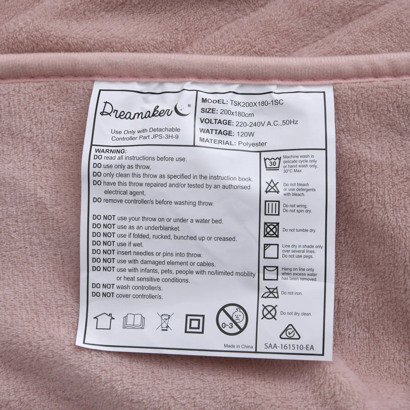 Dreamaker Coral Fleece Heated Throw Blush Pink 200 x 180cm