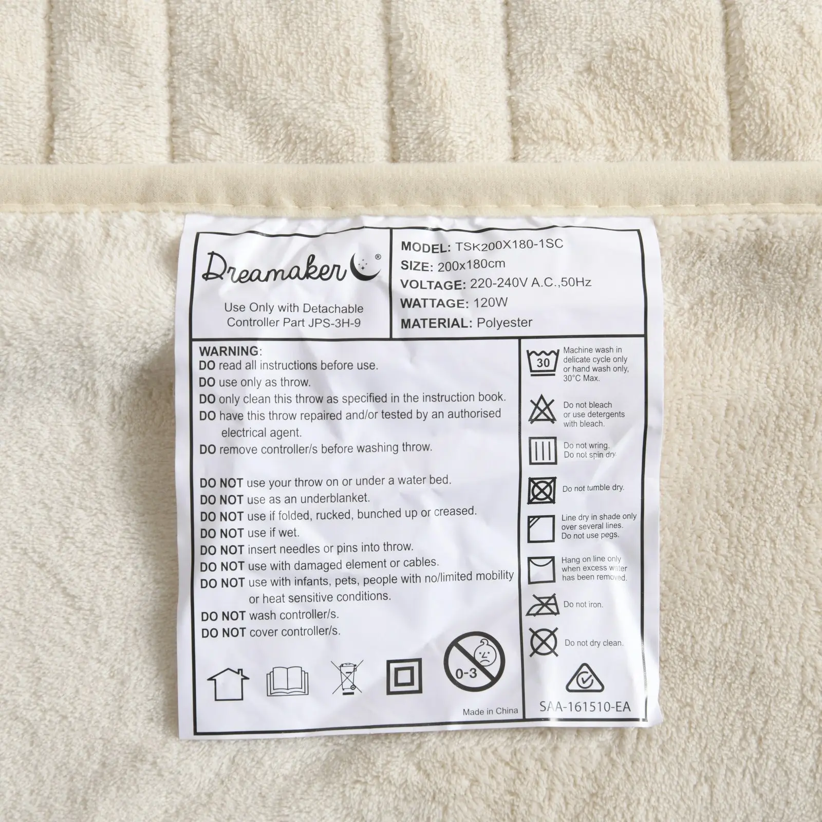 Dreamaker Coral Fleece Electric Heated Throw Blanket Cream 200 x 180cm