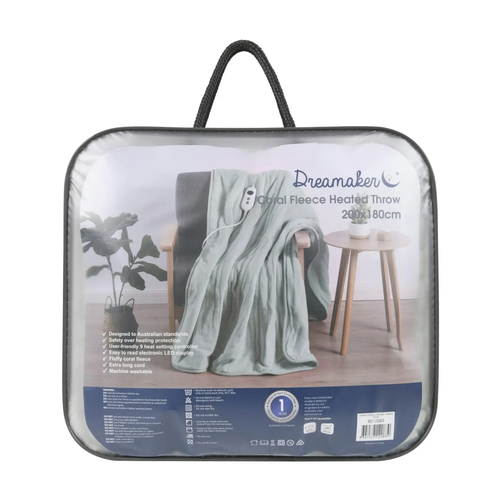 Dreamaker Coral Fleece Electric Heated Throw Blanket Sage 200 x 180cm