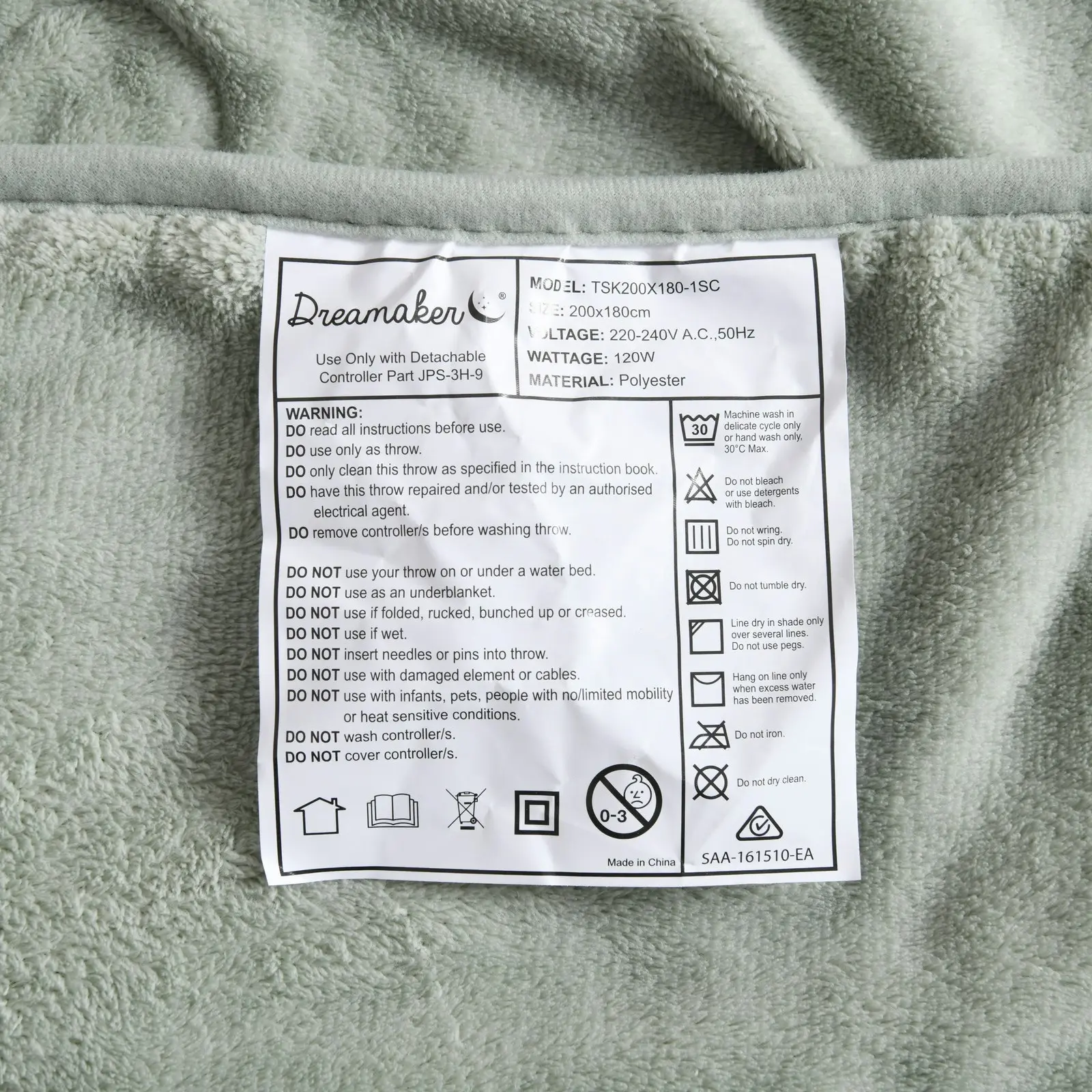 Dreamaker Coral Fleece Electric Heated Throw Blanket Sage 200 x 180cm