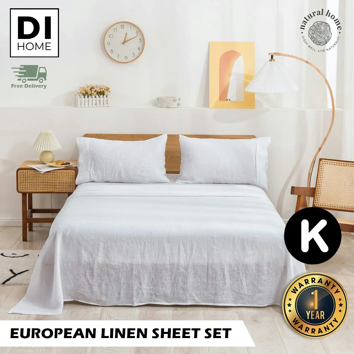 Natural Home 100% European Flax Linen Sheet Set White King Bed