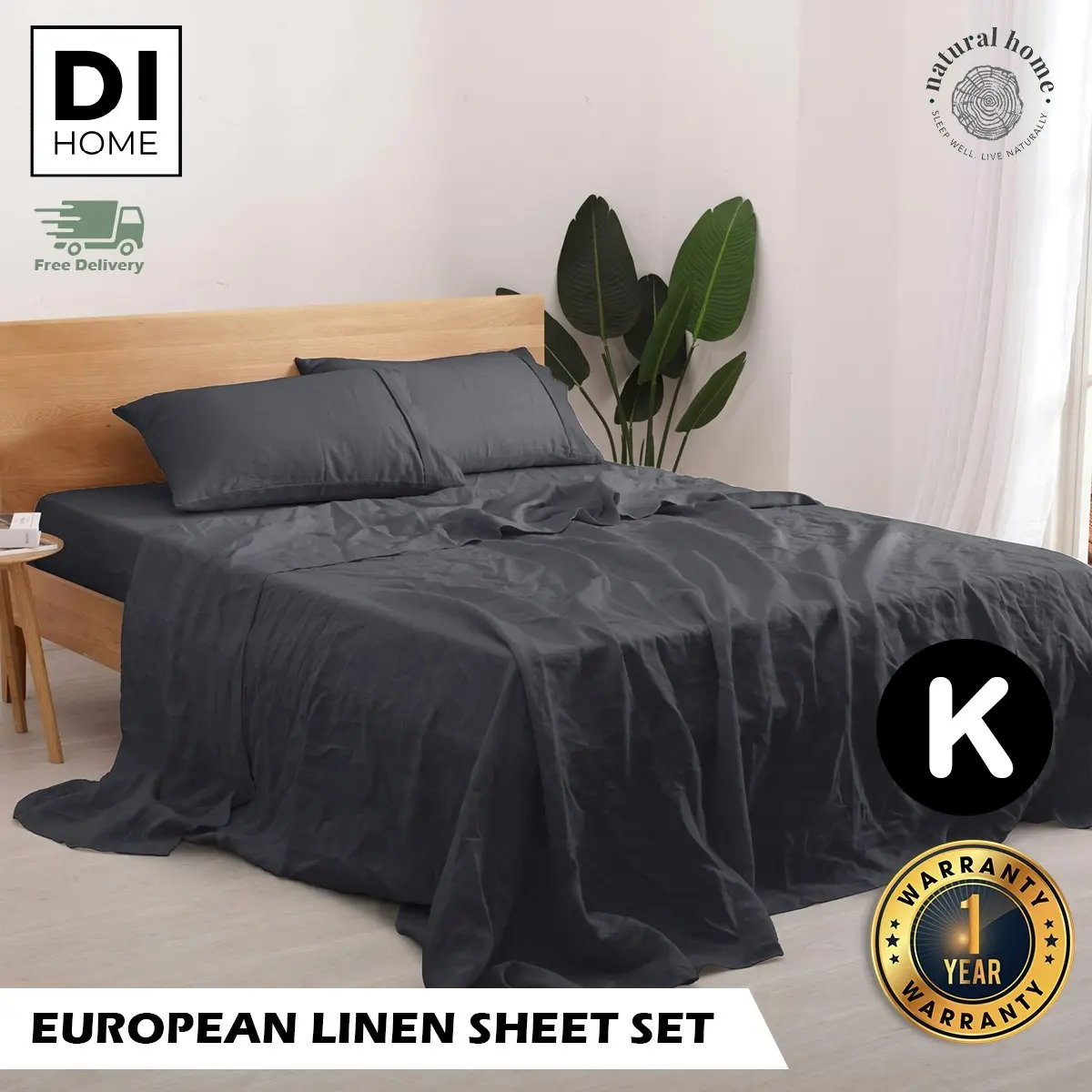 Natural Home 100% European Flax Linen Sheet Set Charcoal King Bed