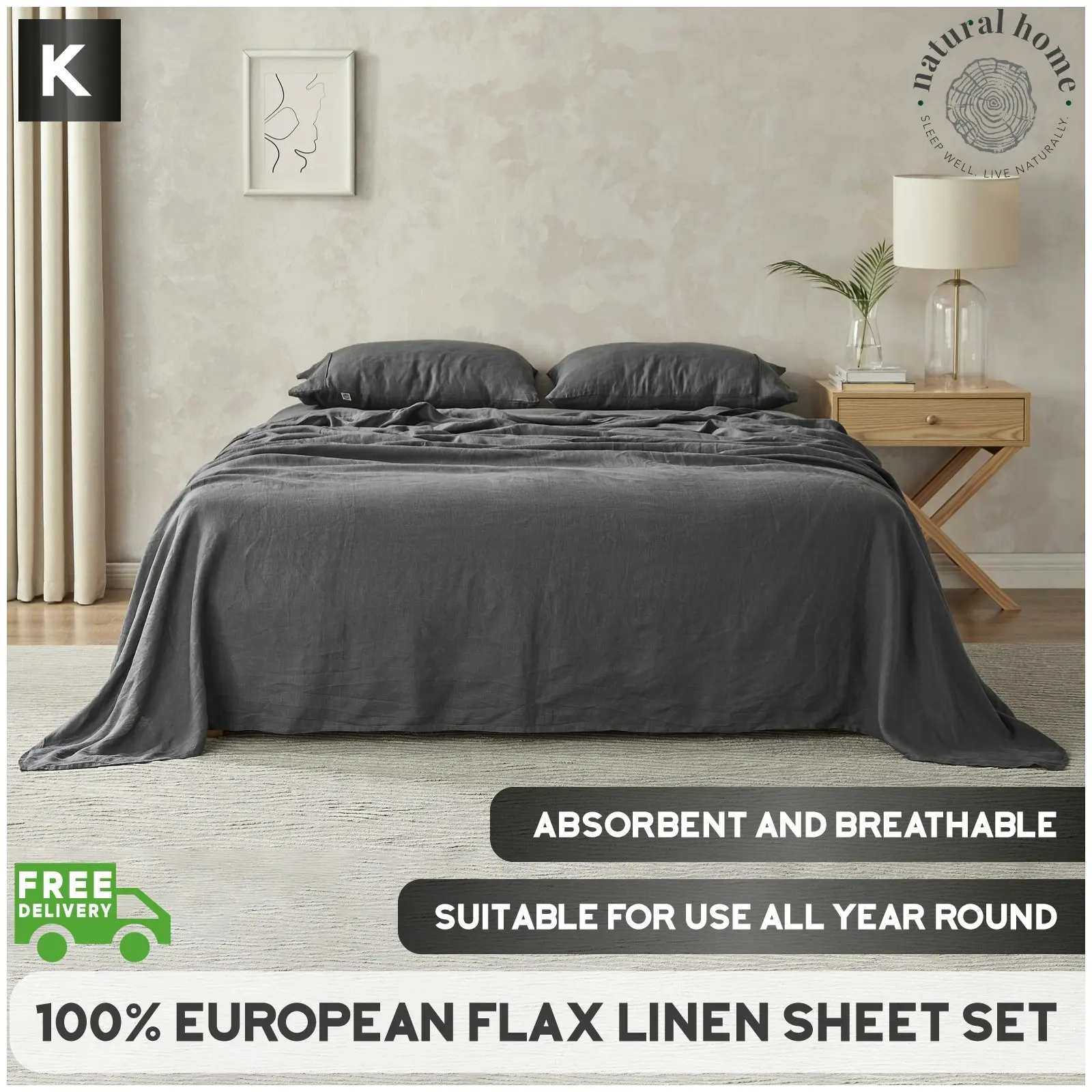 Natural Home 100% European Flax Linen Sheet Set Charcoal King Bed