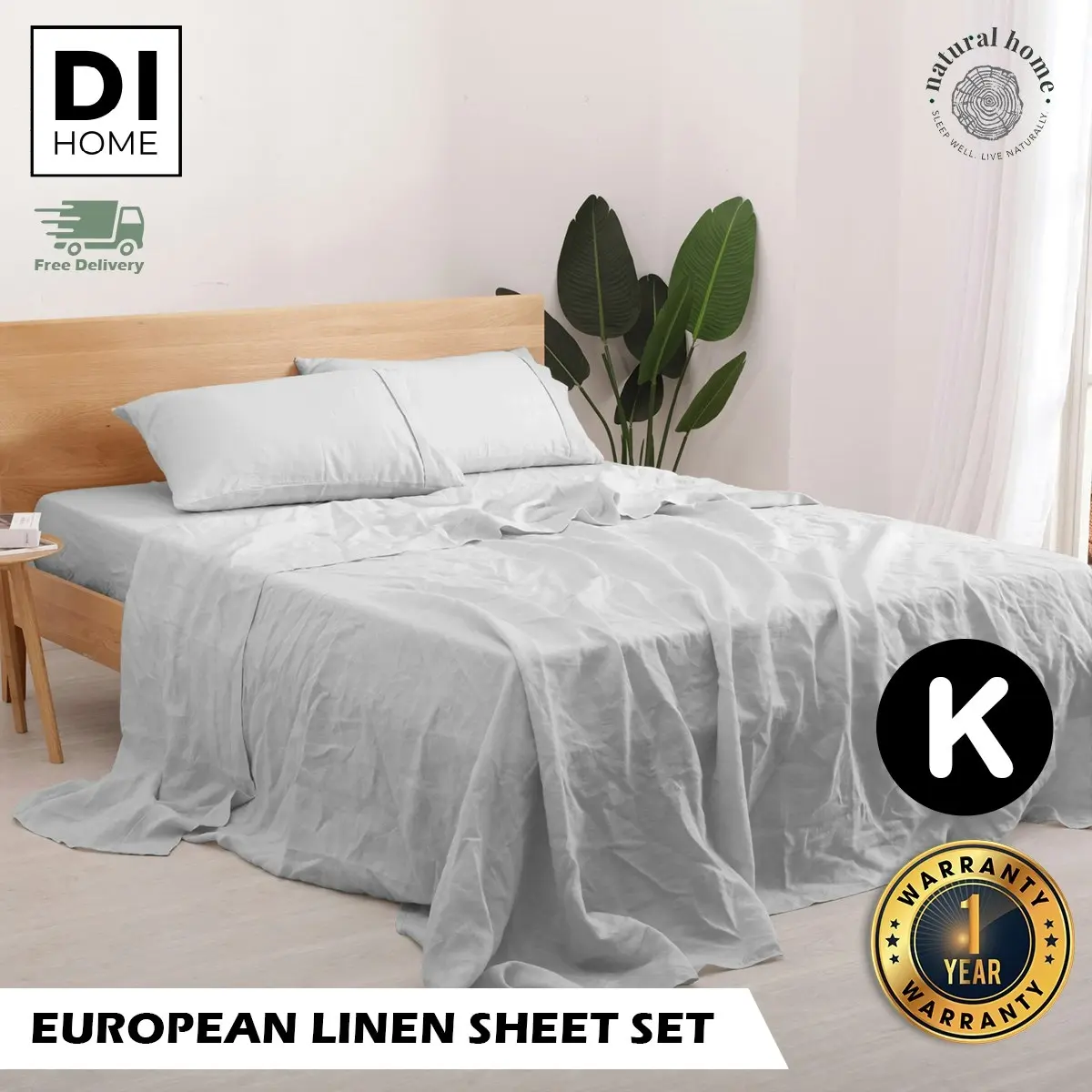 Natural Home 100% European Flax Linen Sheet Set Dove Grey King Bed