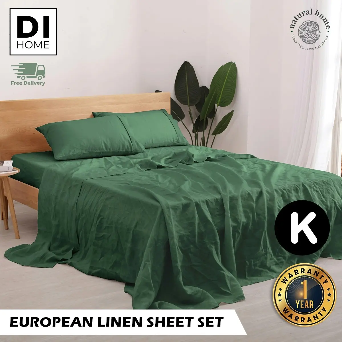 Natural Home 100% European Flax Linen Sheet Set - Olive - King Bed