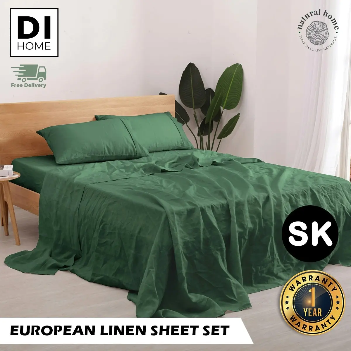 Natural Home 100% European Flax Linen Sheet Set - Olive - Super King Bed