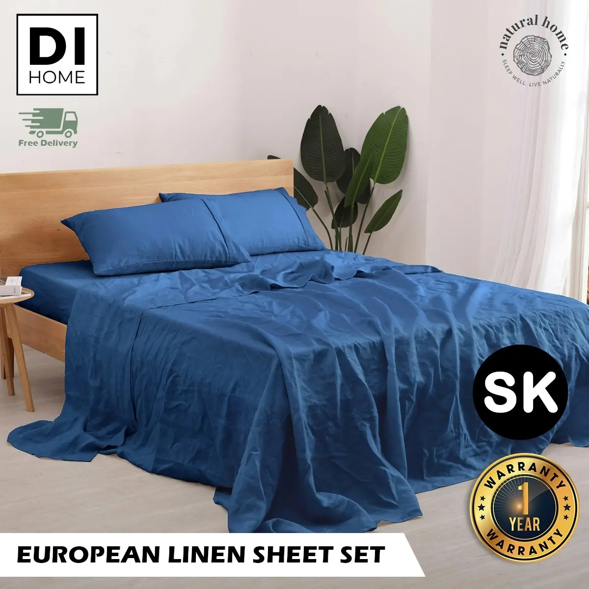 Natural Home 100% European Flax Linen Sheet Set - Deep Blue - Super King Bed