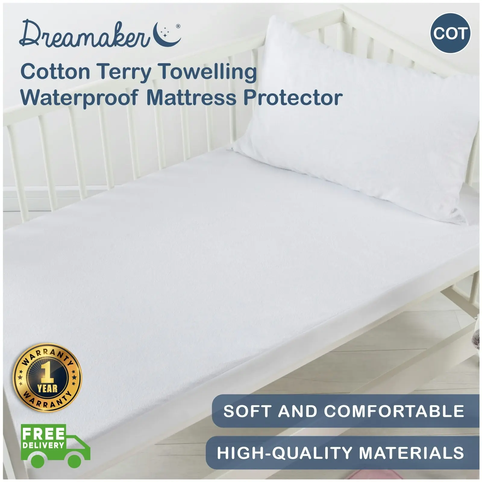 Dreamaker Baby Cotton Terry Towelling Waterproof Mattress Protector Cot Standard