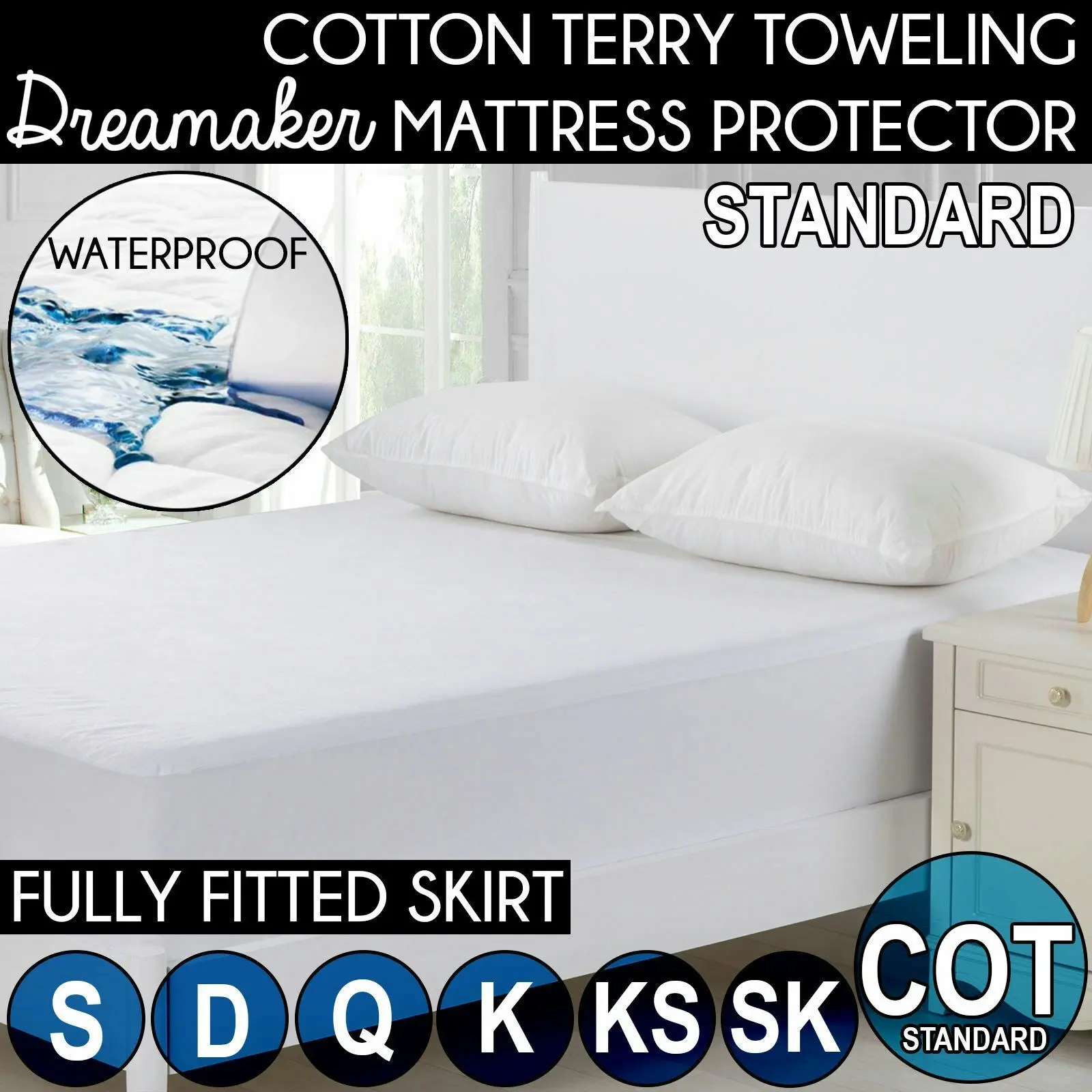 Dreamaker Cotton Terry Towelling Waterproof Mattress Protector Cot Boori