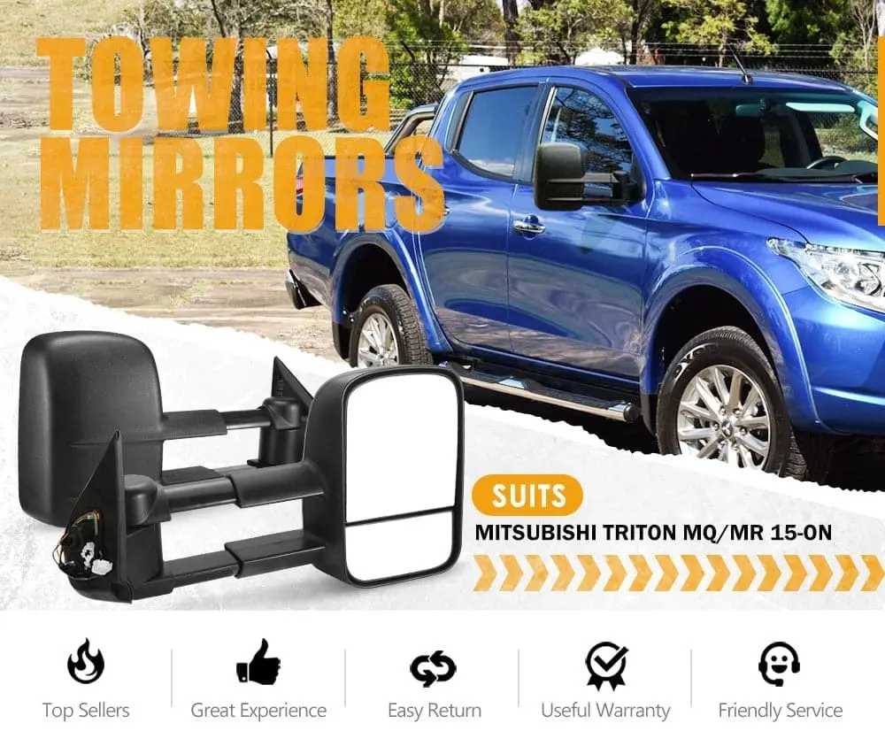 Pair Extendable Towing Mirrors for Mitsubishi Triton MQ/MR 2015 - ON Black