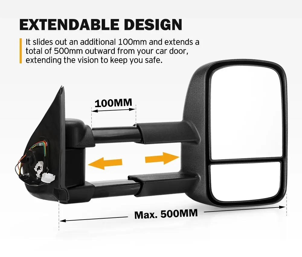 Pair Extendable Towing Mirrors for Mitsubishi Triton MQ/MR 2015 - ON Black