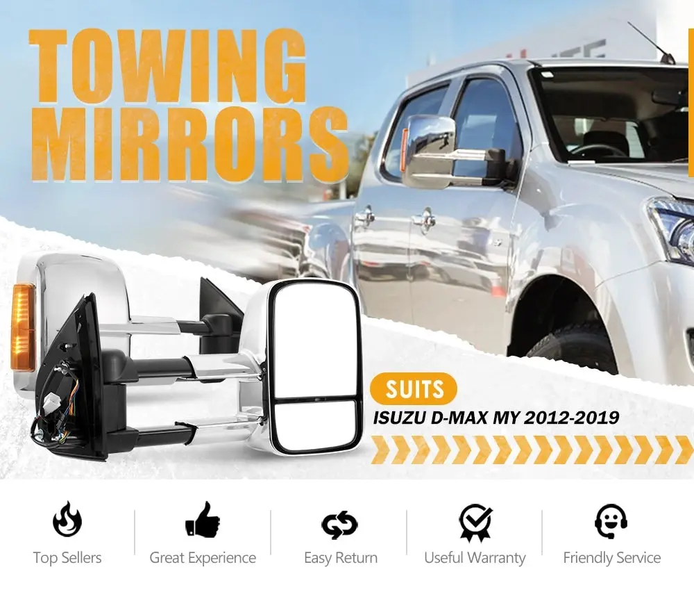 Pair Chrome Extendable Towing Mirrors for Isuzu D-MAX MY2012-MY2019