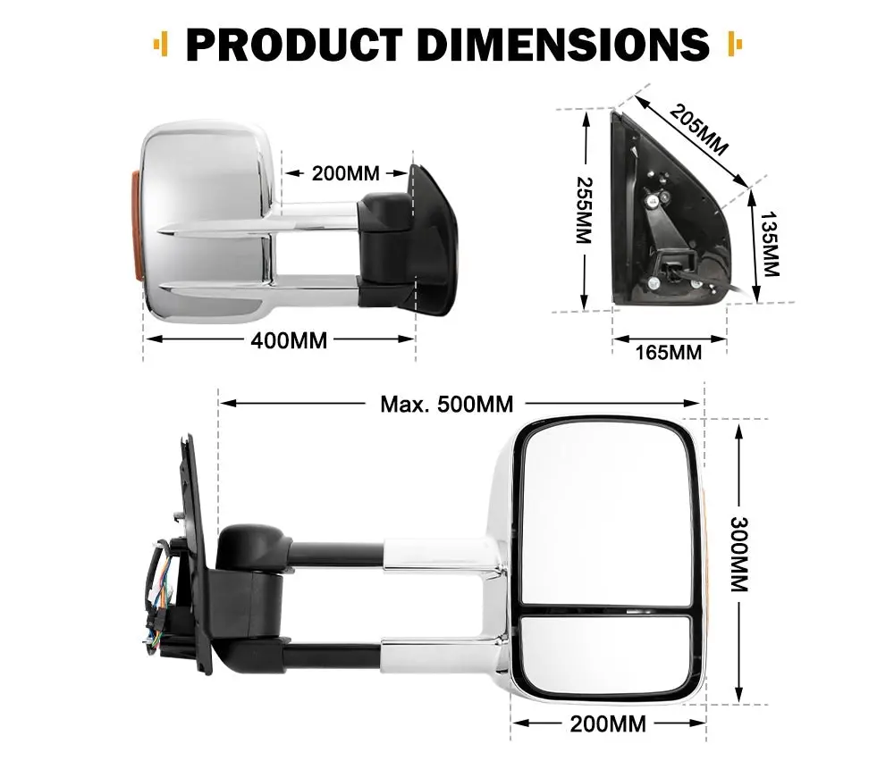 Pair Chrome Extendable Towing Mirrors for Isuzu D-MAX MY2012-MY2019