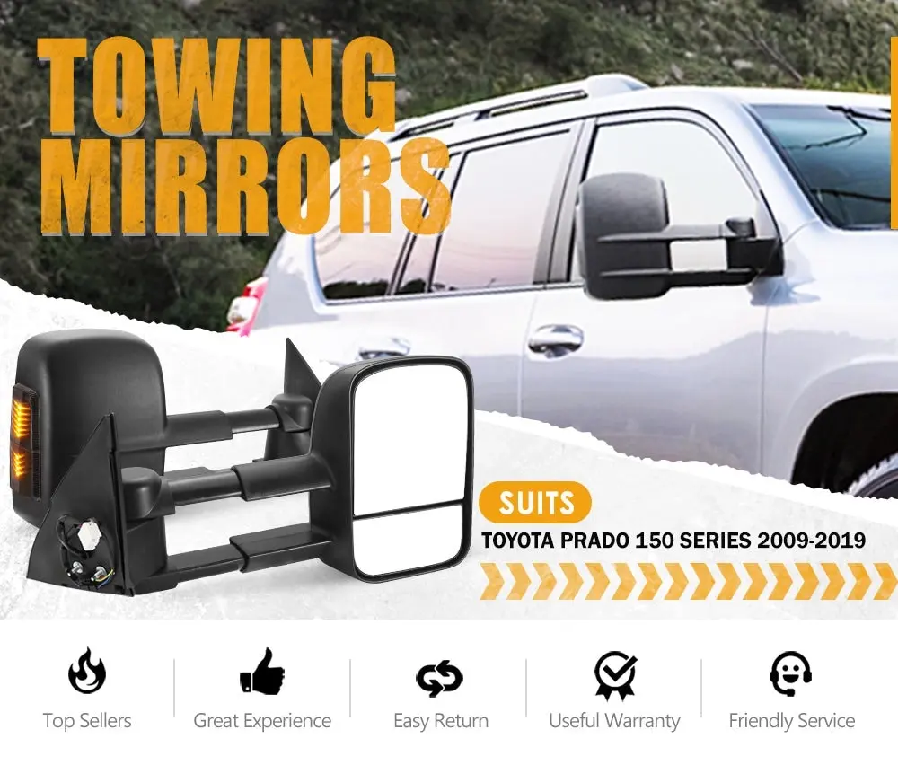 Pair Extendable Towing Mirrors for Toyota Prado 150 Series 2009 - 2019