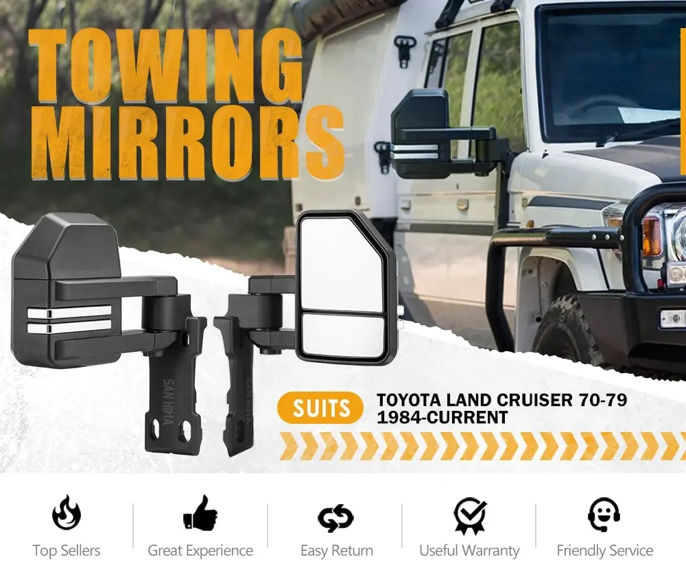 San Hima Extendable Towing Mirrors for Toyota LandCruiser 70 75 76 78 79 Series Black