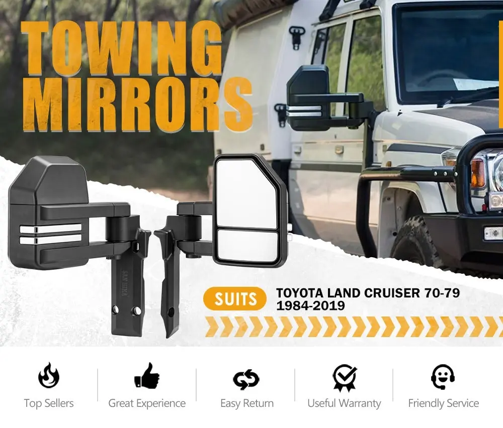 San Hima Extendable Towing Mirrors for Toyota LandCruiser 70 75 76 78 79 Series Black