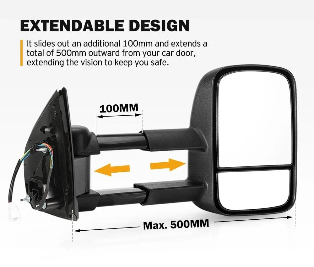 Pair Extendable Towing Mirrors for Isuzu D-MAX MY2012-MY2019 Black Pair