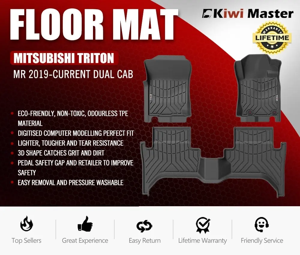 Kiwi Master 3D TPE Car Floor Mats Liner fit Mitsubishi Triton MR 2019-Current Dual Cab Without Electric Seats