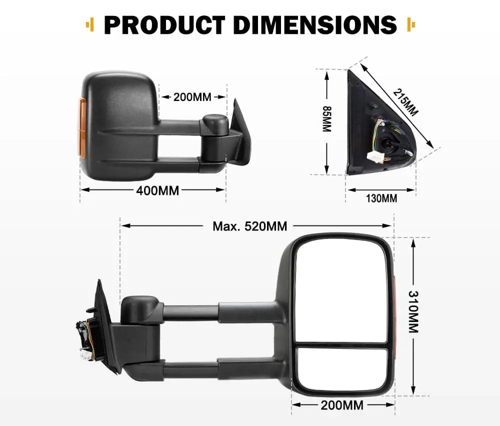 San Hima Extendable Towing Mirrors for Nissan Navara D23 NP300 2015-Current Black