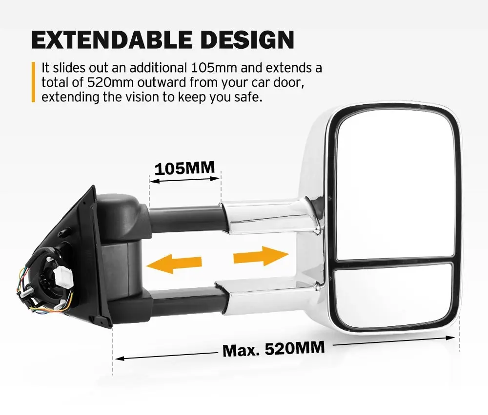 San Hima Extendable Towing Mirrors fit Nissan Navara D23 NP300 2015-On Chrome