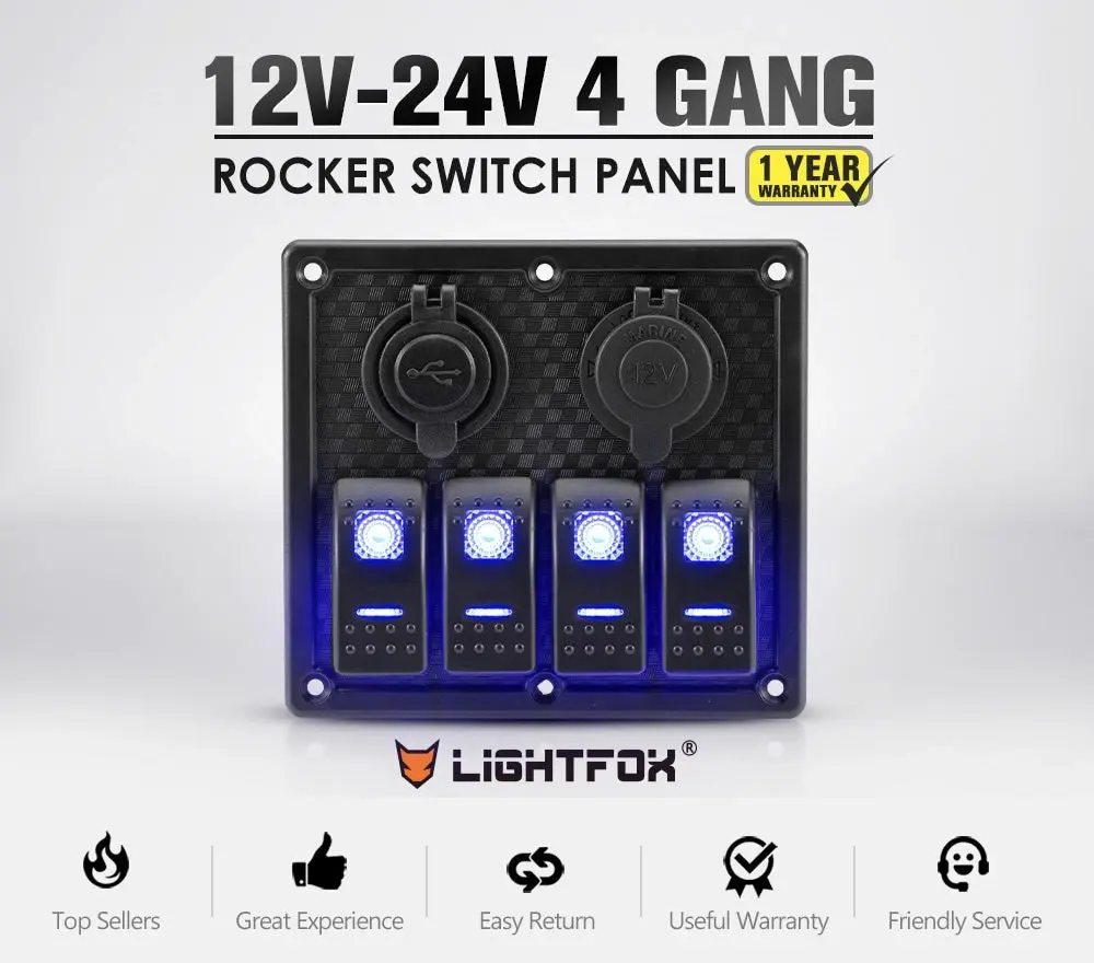 4 Gang Rocker Switch Panel ON-OFF Toggle Blue LED Dual USB 12V