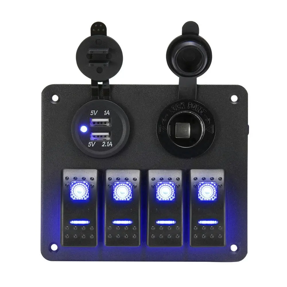 4 Gang Rocker Switch Panel ON-OFF Toggle Blue LED Dual USB 12V