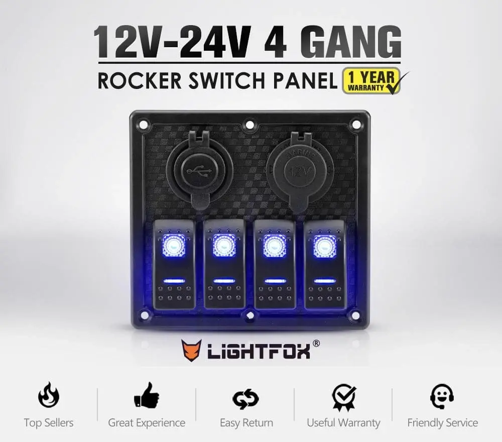 4 Gang Rocker Switch Panel ON-OFF Toggle Blue LED Dual USB 12V