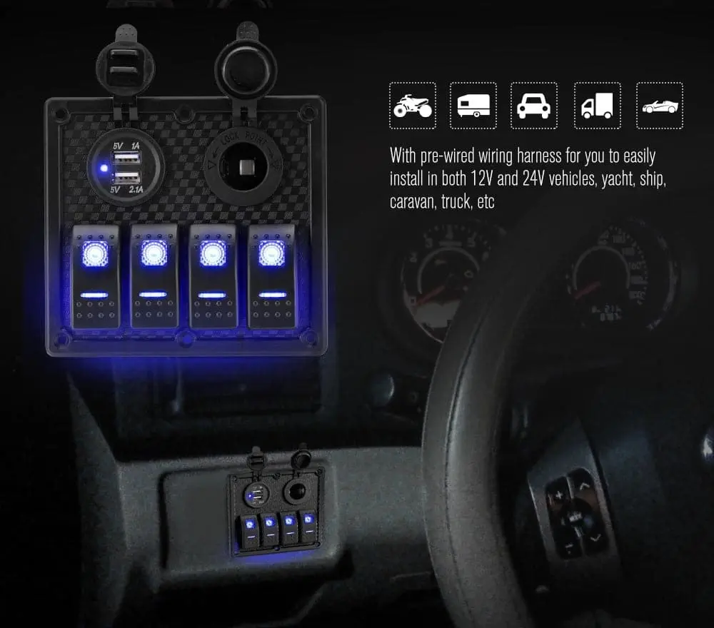 4 Gang Rocker Switch Panel ON-OFF Toggle Blue LED Dual USB 12V