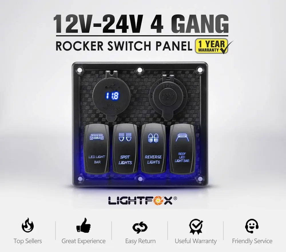 3 Gang Rocker Switch Panel ON-OFF Toggle Voltmeter USB C Type Charger 12V 24V