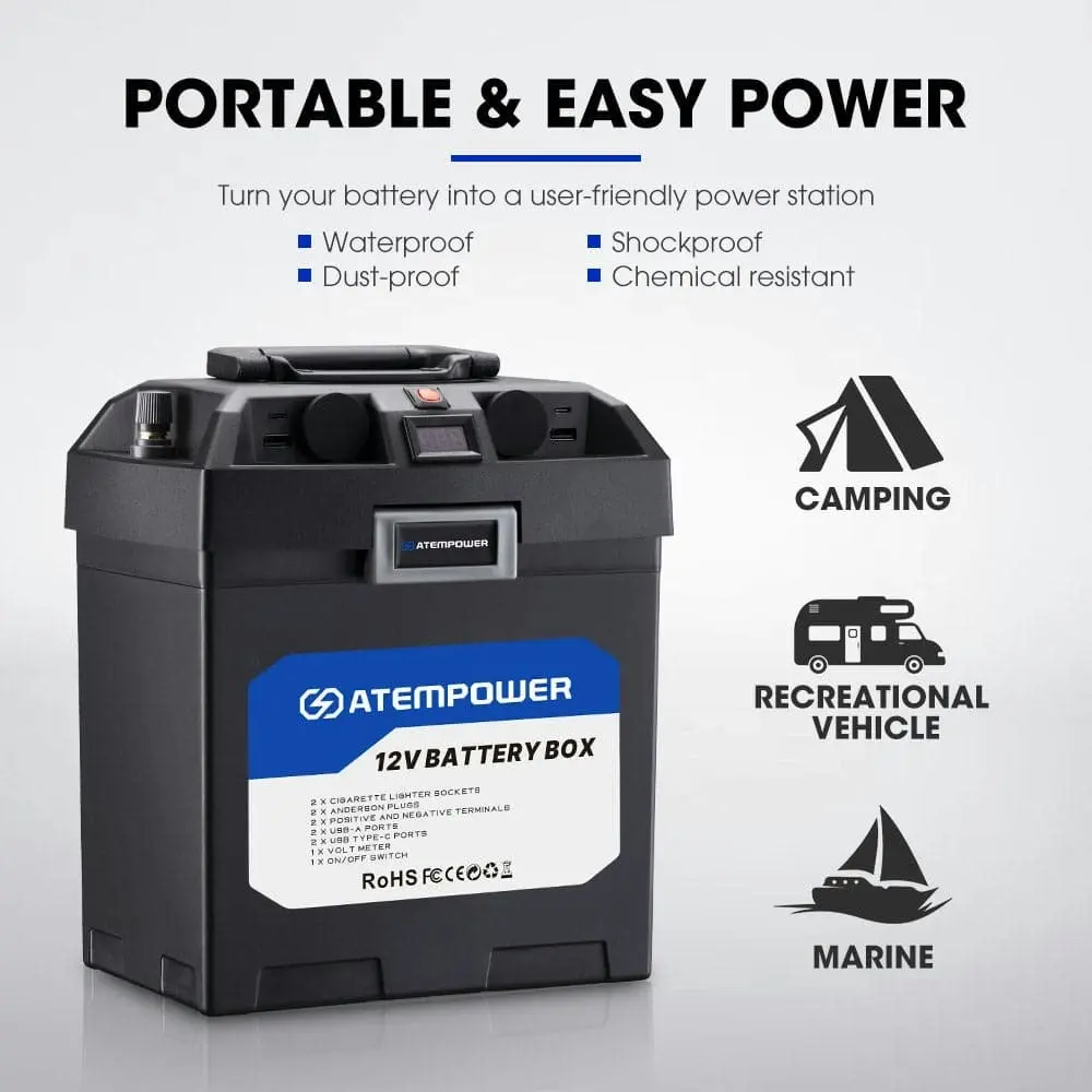 Atem Power Battery Box 12V Portable Deep Cycle Power Marine Solar USB Camping