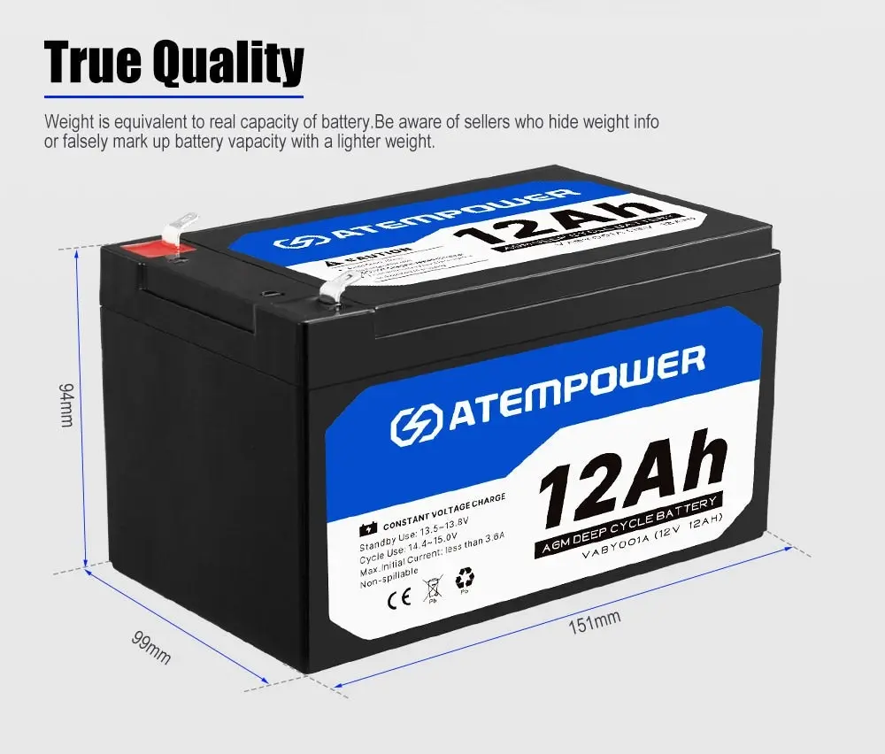 Atem Power 12V 12AH AMP Hour Battery AGM SLA Deep Cycle Fridge Dual Solar Power