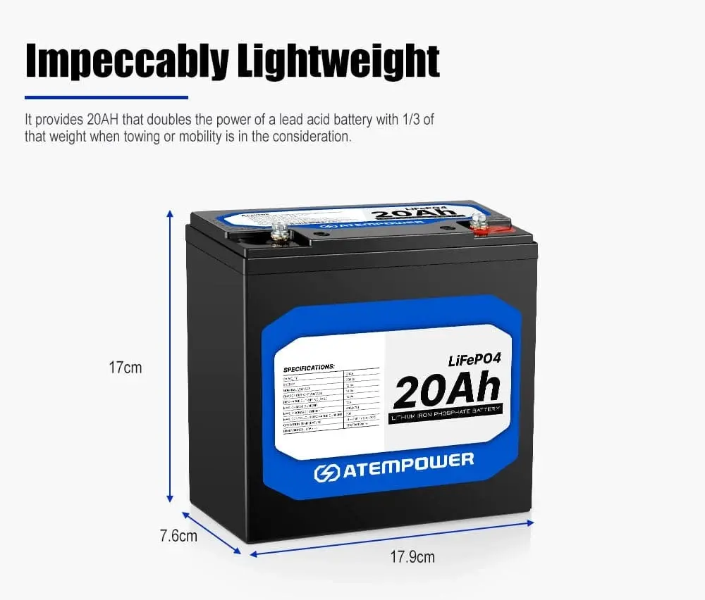 ATEMPOWER 12V 20Ah Lithium Battery LiFePO4 Deep Cycle Marine 4WD Replace AGM