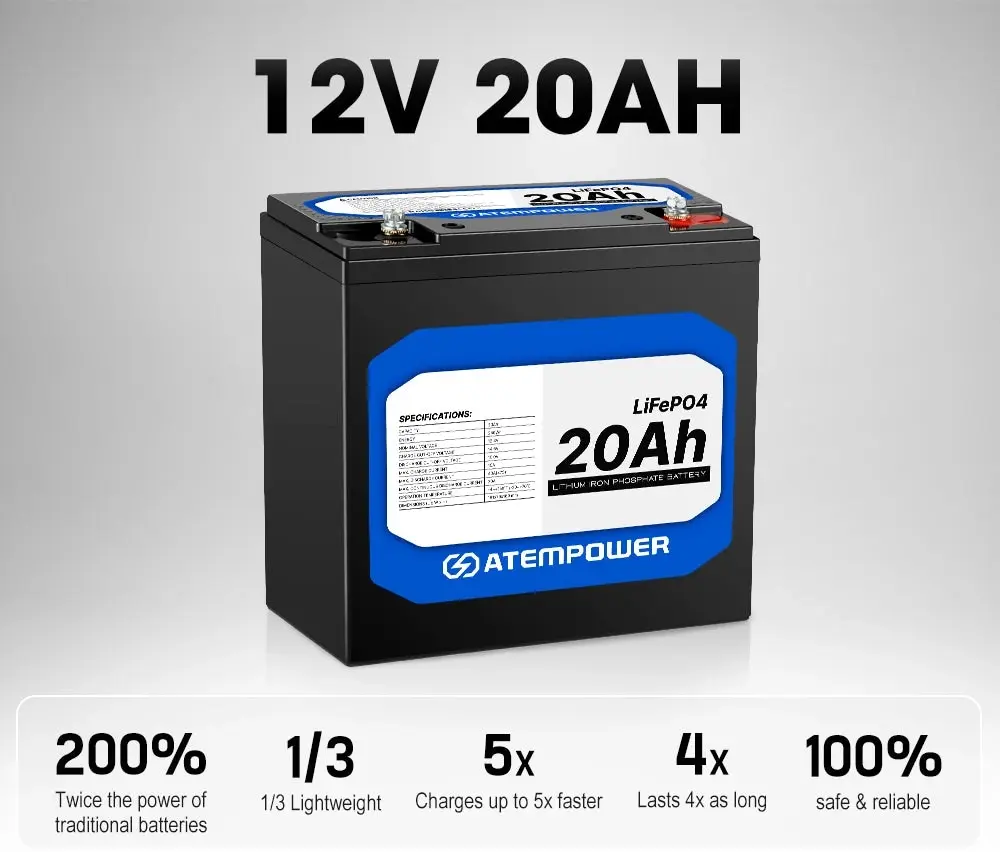 ATEMPOWER 12V 20Ah Lithium Battery LiFePO4 Deep Cycle Marine 4WD Replace AGM