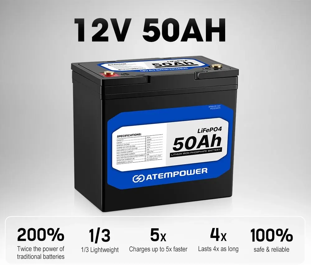 ATEMPOWER 12V 50Ah Lithium Battery LiFePO4 Deep Cycle Marine 4WD Replace AGM