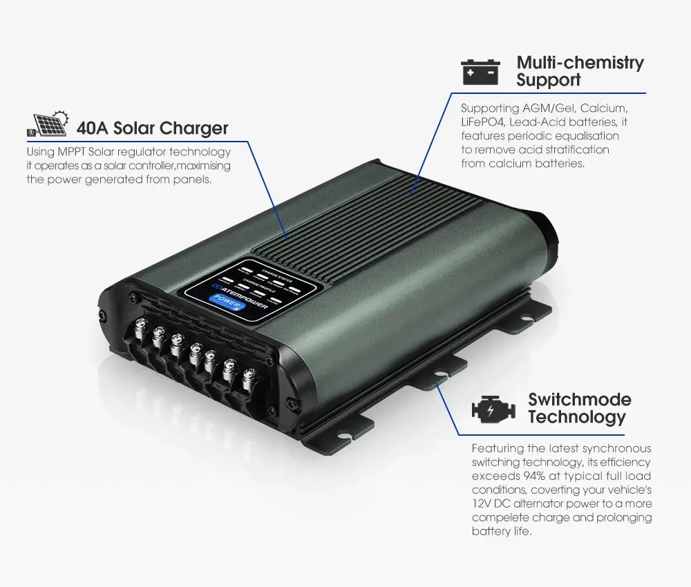 12V 40A DC to DC Battery Charger MPPT System Kit Isolator Dual Battery