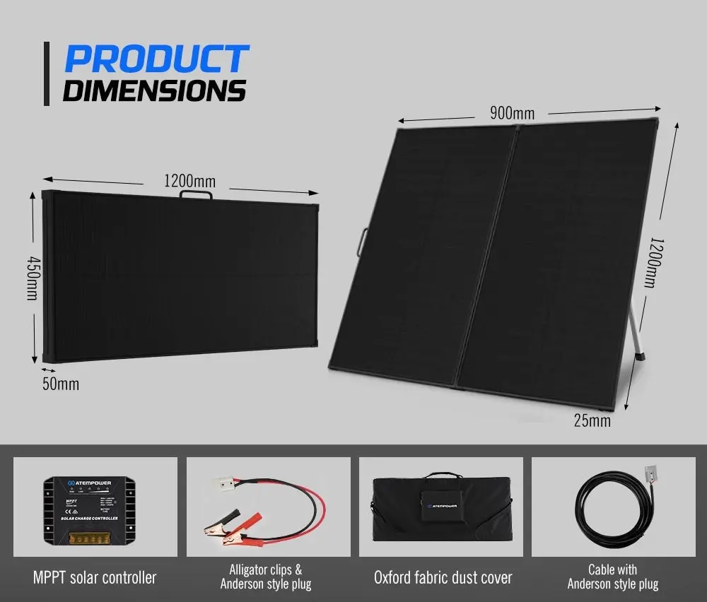 Atem Power 200W 12V Folding Solar Panel Kit Mono Shingled ETFE Battery