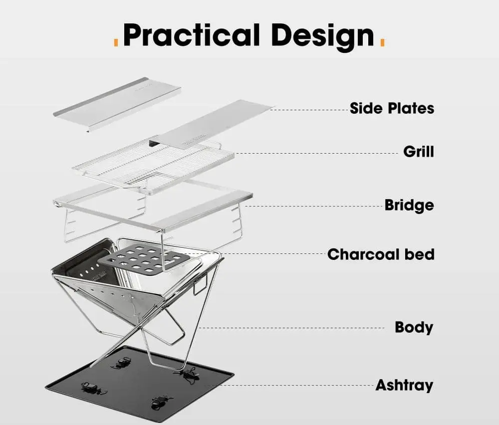 San Hima Portable Fire Pit Large Size Folding Stainless Steel BBQ Grill Outdoor