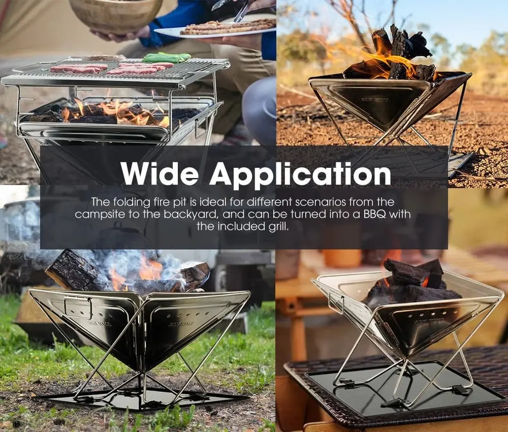 San Hima Portable Fire Pit Large Size Folding Stainless Steel BBQ Grill Outdoor