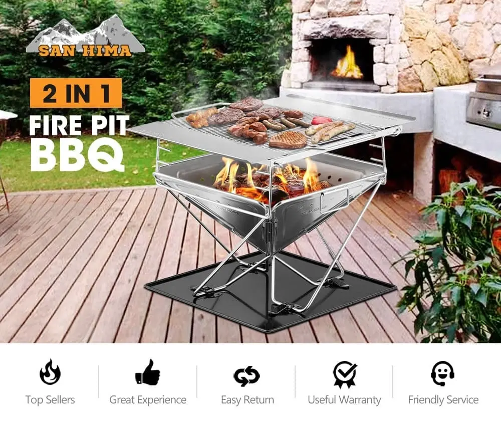 San Hima Portable Fire Pit Large Size Folding Stainless Steel BBQ Grill Outdoor