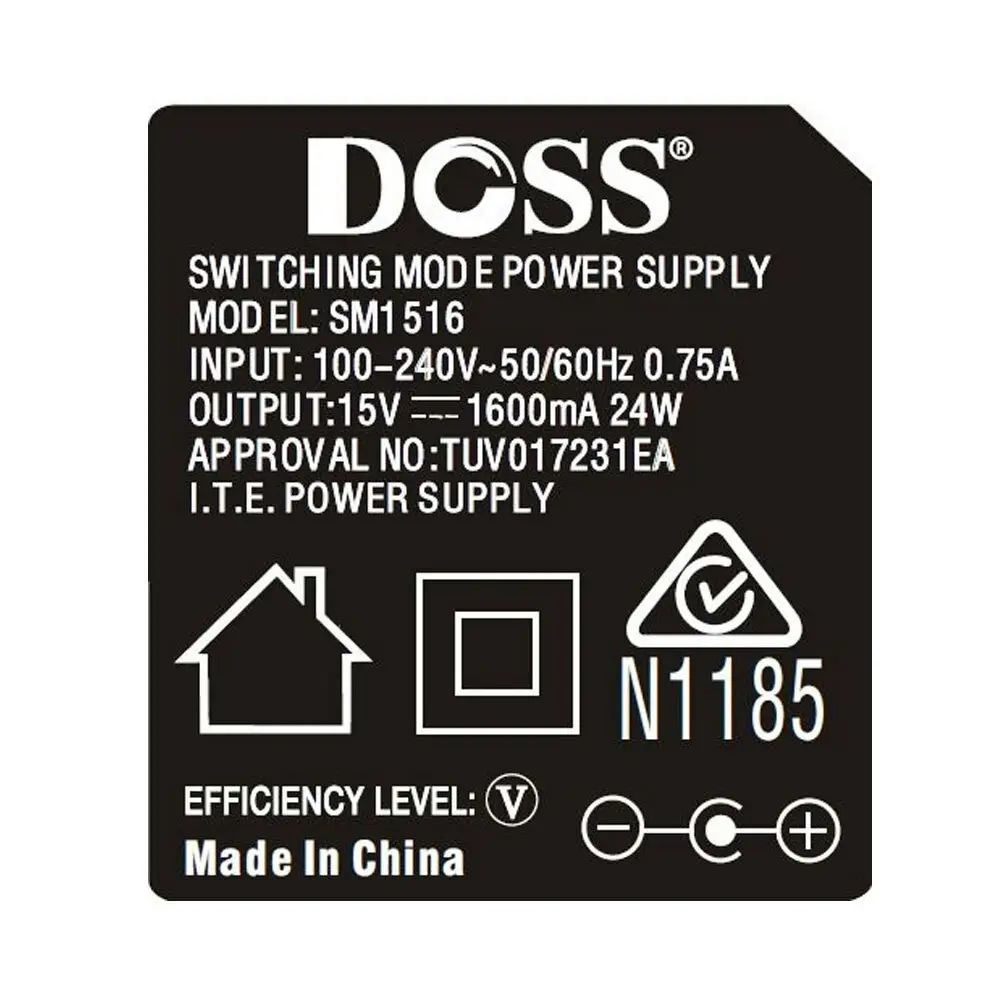 Doss 15V DC 1.6A Current Power Supply AU/NZ Plug Wall Socket 100/240V Input BLK