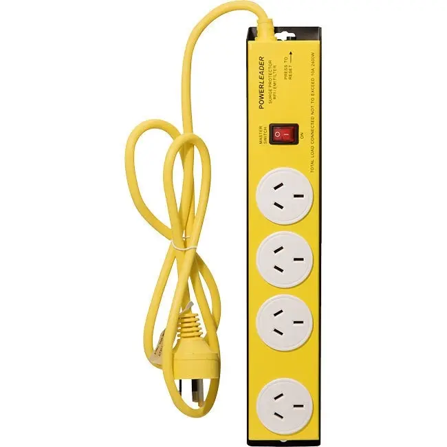 PowerLeader 4-Way Outlet Heavy Duty Powerthrough Powerboard 4 Sockets Yellow