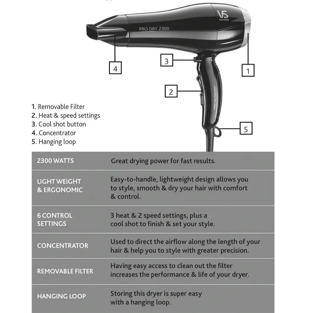 VS Sassoon VSD120A Pro Dry 2300W Hair Dryer/Hairdryer/Fast Drying/Light Weight