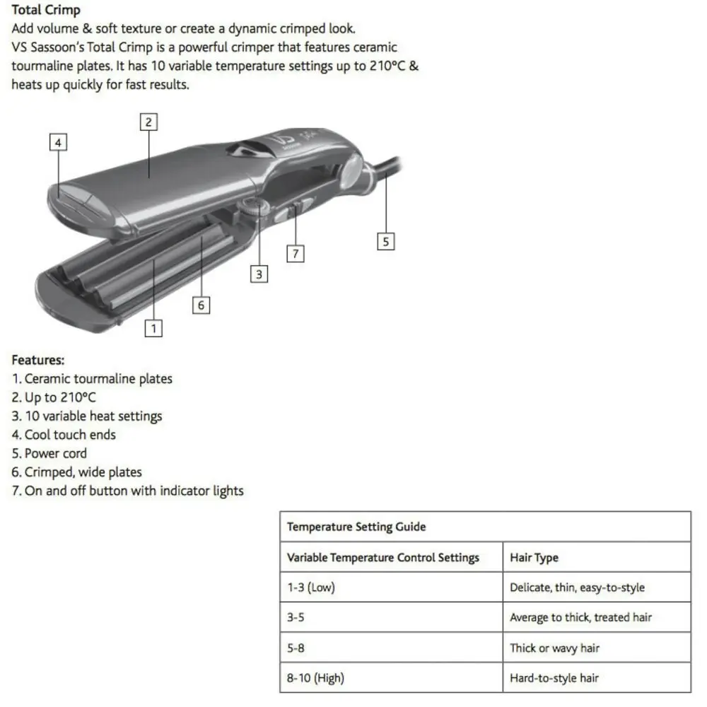 VS Sassoon VS2165A Total Crimp Ceramic Plate Hair Crimper Styler 2yr Warranty