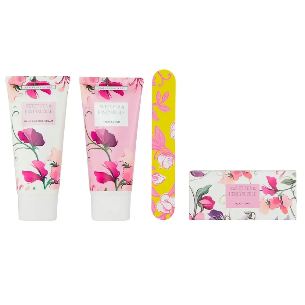 Heathcote & Ivory Sweet Pea & Honeysuckle Hand Cream/Scrub/Soak/Nail File Set