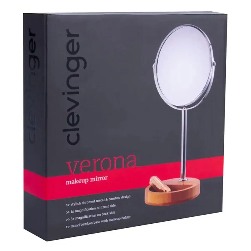 Clevinger Round Makeup Mirror Verona Metal Chrome w/ Bamboo Stand/Holder Silver