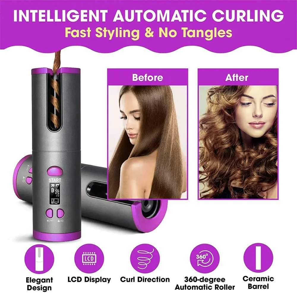 Lenoxx Cordless Automatic Ceramic Portable Rechargeable USB Hair Curler Styler