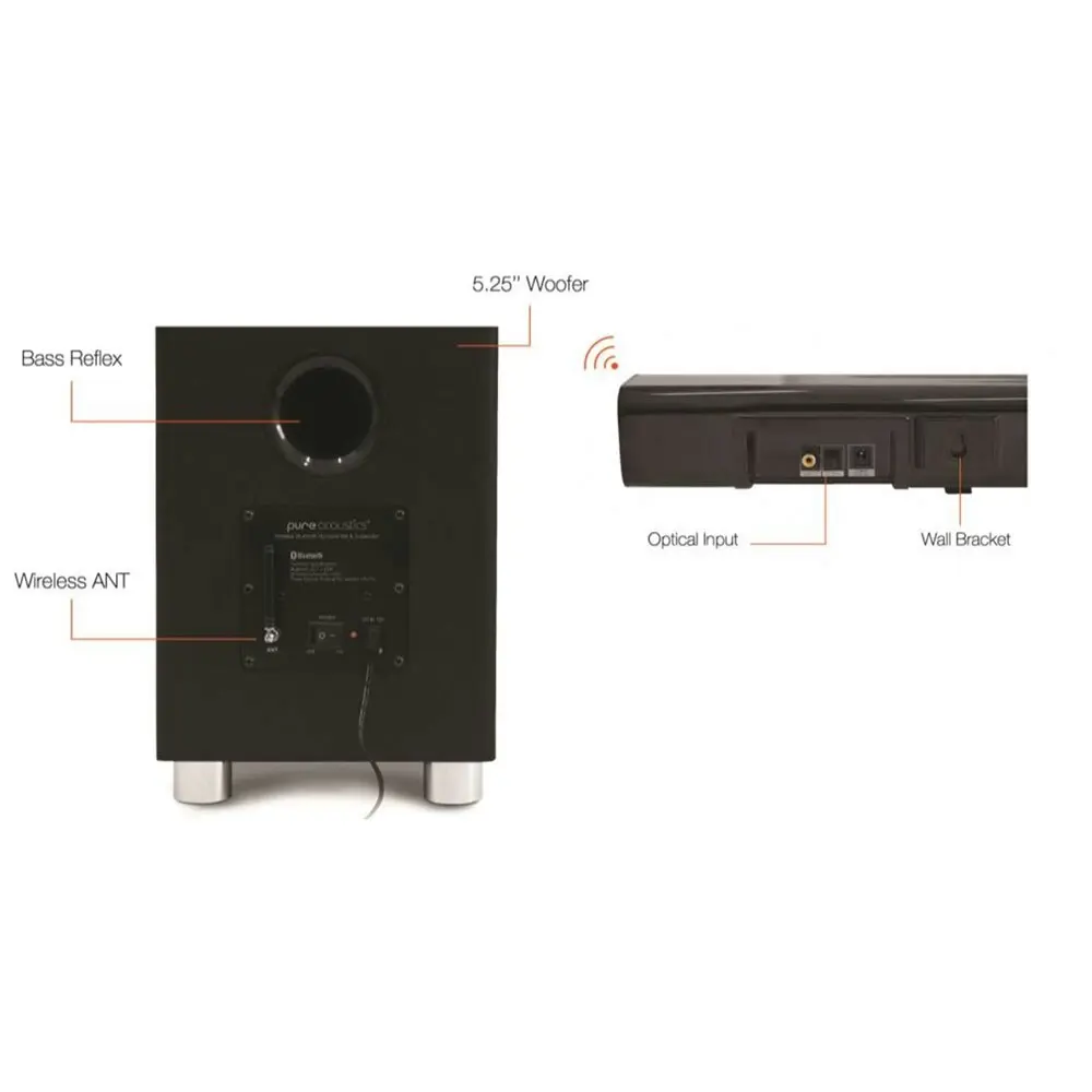 Pure Acoustics SBW-175 2.1ch Bluetooth Sound-bar w/ Wireless Subwoofer/FM Radio