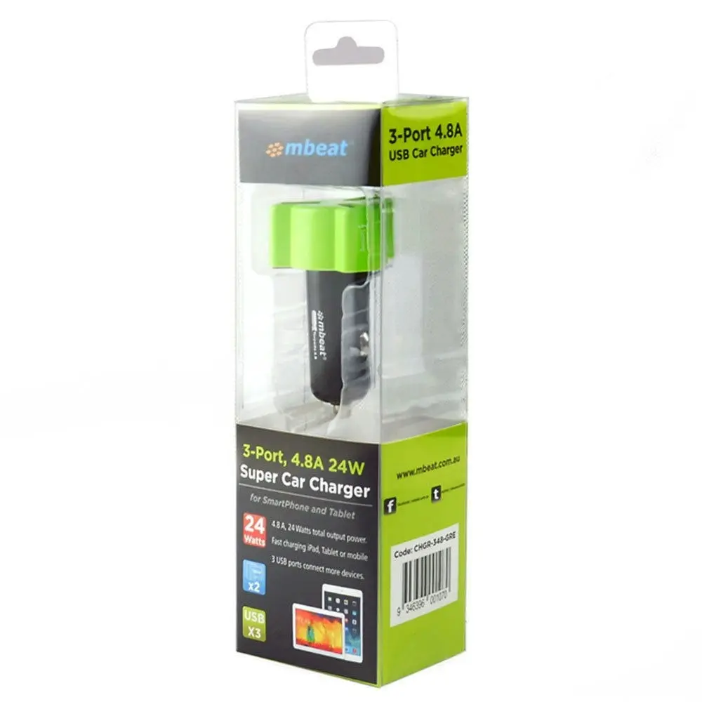 mBeat Triple Port Rapid Car Charger 3 USB 4.8A/24W for Samsung iPad iPhone Green