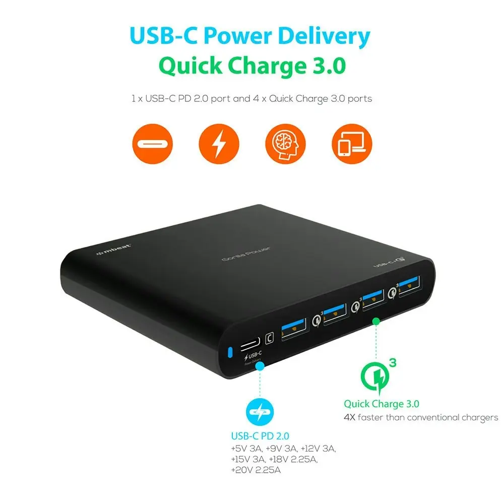 mBeat Gorilla Power 5-Port USB-C PD Quick 3.0 Charger for iPhone/Tablet/Laptop