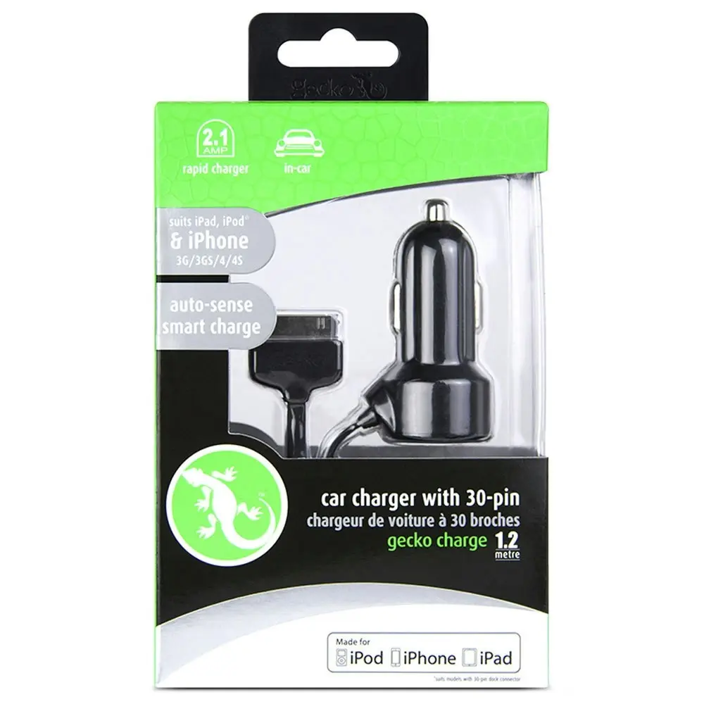 Gecko 2.1A Car Travel Charger 1.2m Adapter For iPad/iPod/iPhone 3G/3GS/4/4S BLK